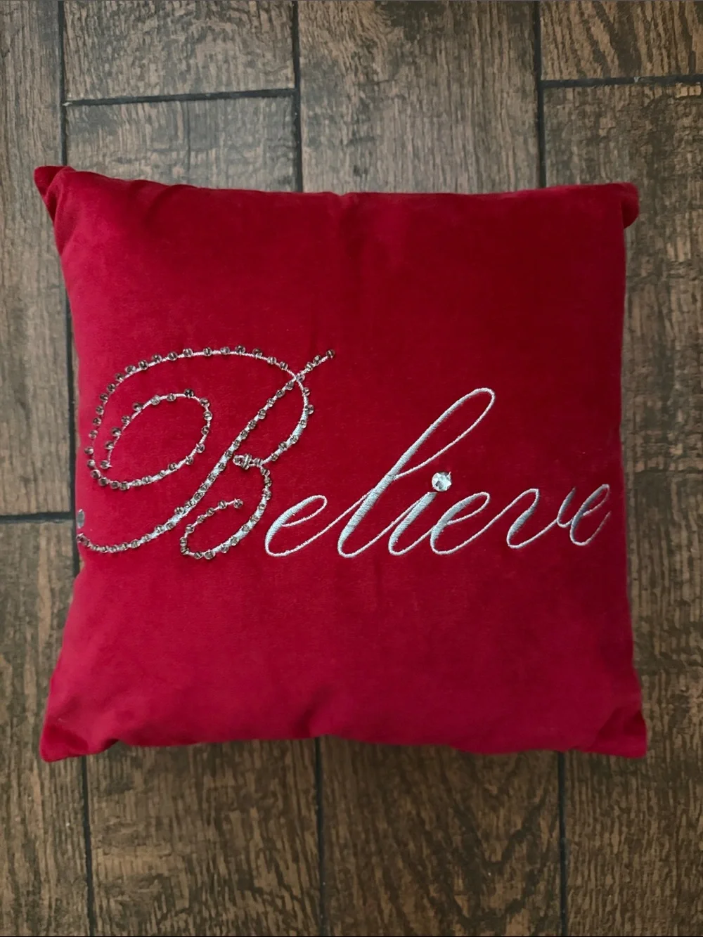 14x14 Red Bling Cursive Embroidered Believe Throw Decor Pillow